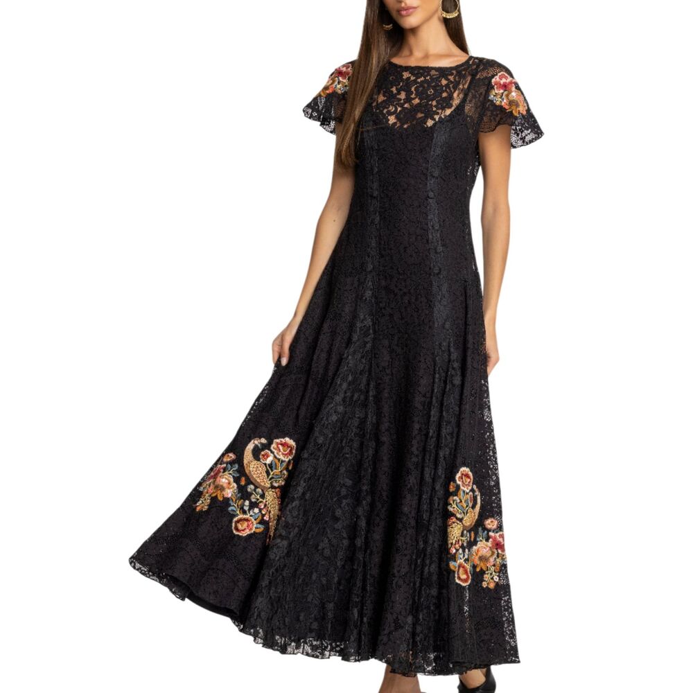 Biya Johnny Was Cloe Black Lace Embroidered Maxi Dress Small Whimsygoth Boho